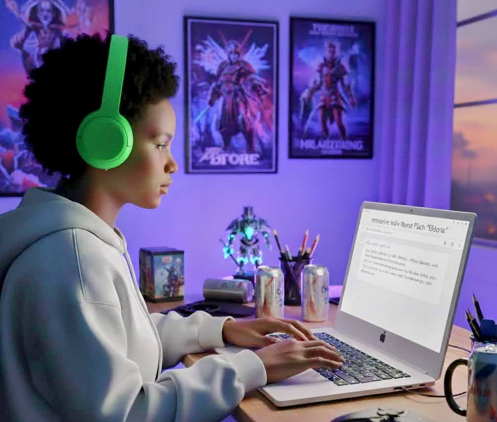 Mastering Game Trade Show PR: A person with headphones typing on a laptop, working on a media pitch in a home office setting.
