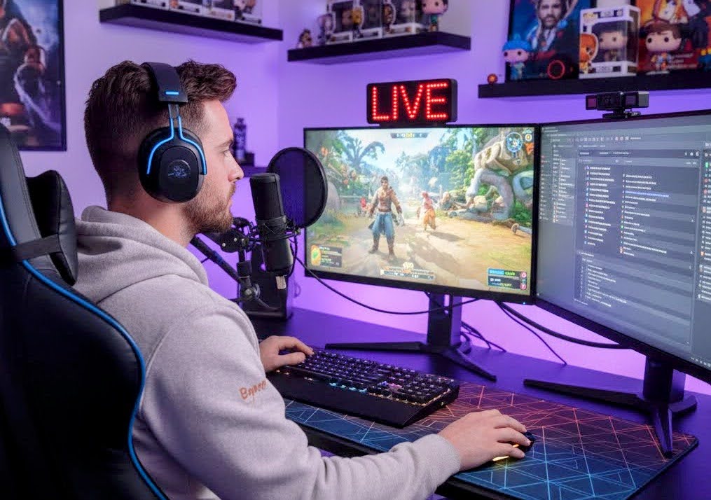 Mastering Game Trade Show PR: A male streamer with headphones and a microphone playing a video game on a multi-monitor setup, representing media and influencer outreach. 